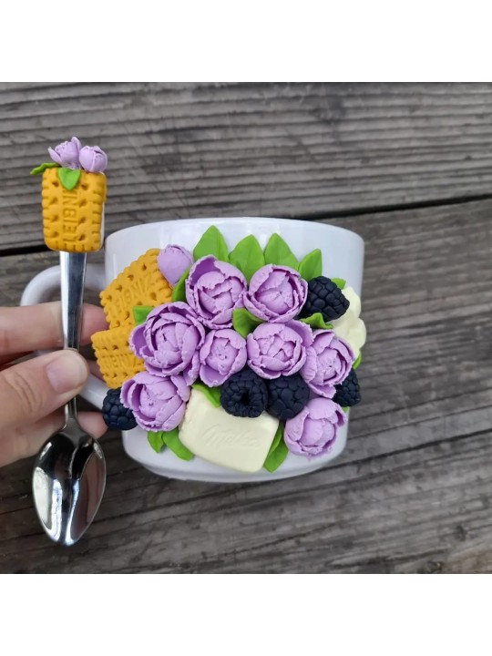 Set cana si lingurita flori si dulciuri